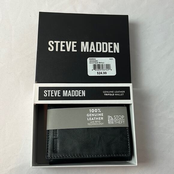 Steve Madden Genuine Leather Trifold Wallet Black 4”x3” - Picture 1 of 9
